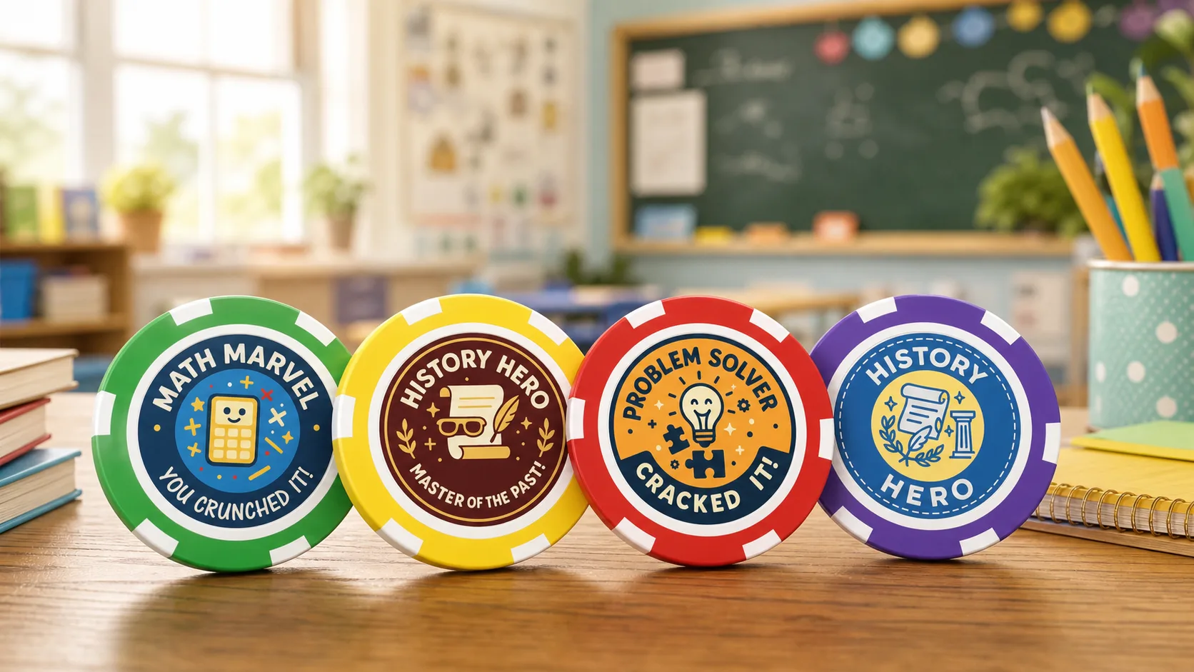 Custom classroom reward tokens — full-color poker chips (Math Marvel, History Hero, Problem Solver) on a teacher's desk in a bright classroom