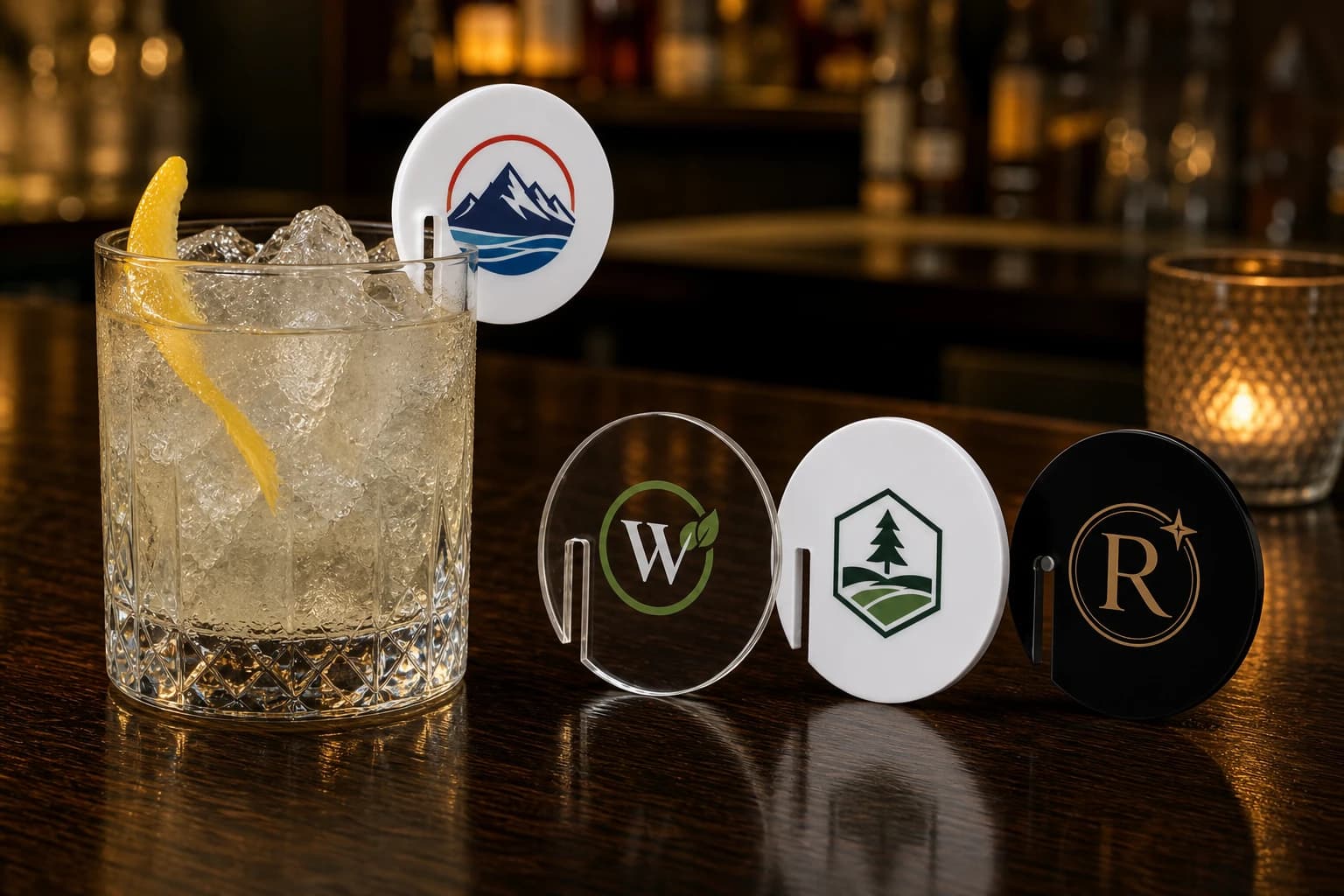 Custom UV-printed acrylic drink tags around a rocks glass