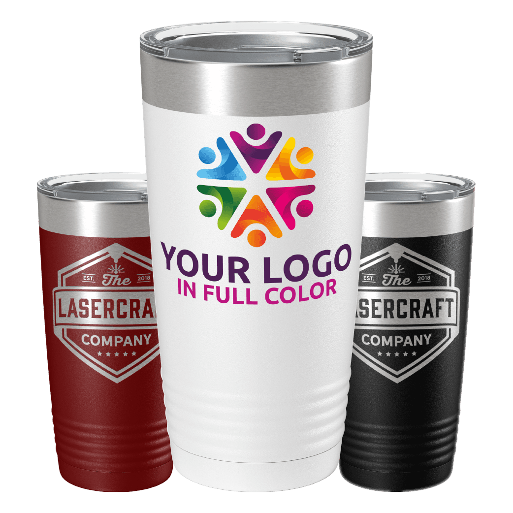 Custom drinkware — UV printed and laser engraved tumblers