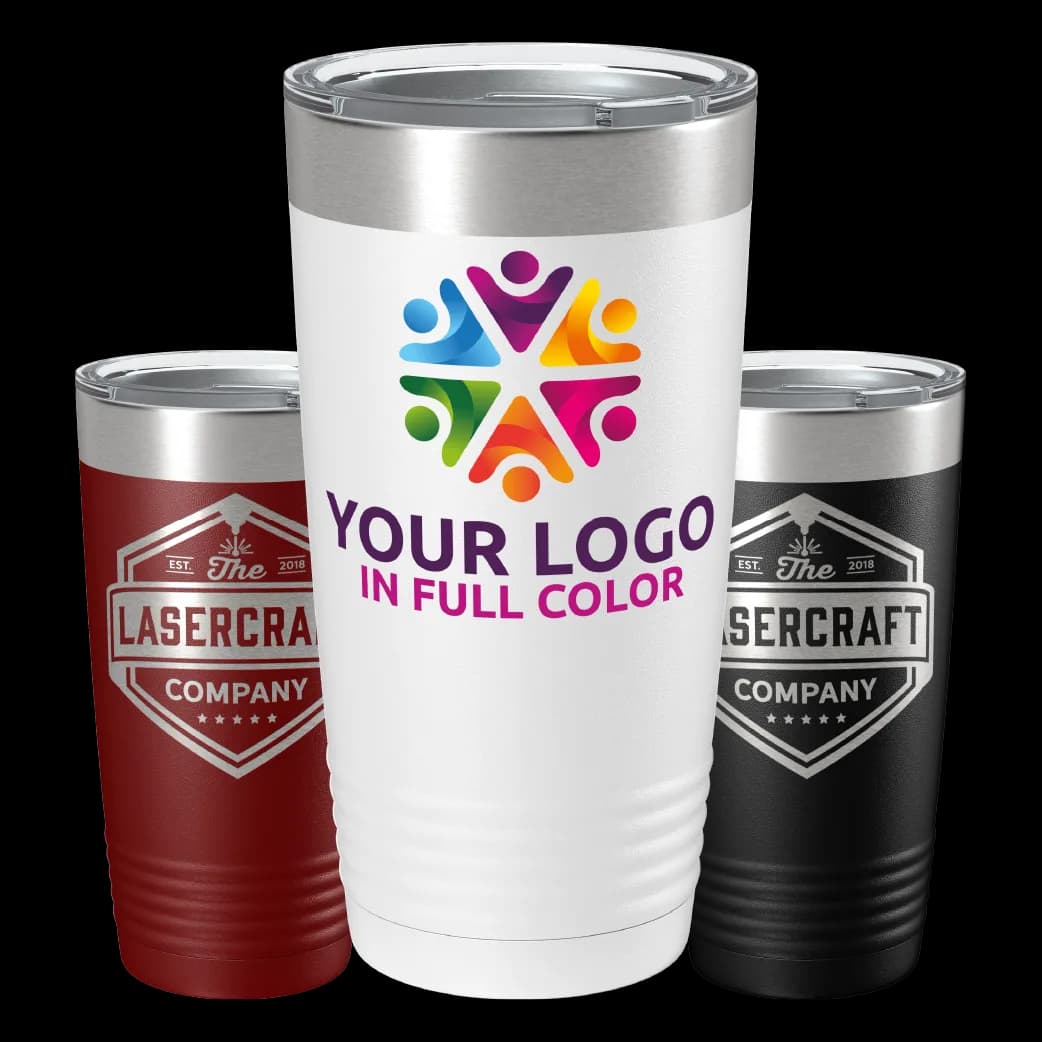 Custom drinkware — UV printed and laser engraved tumblers