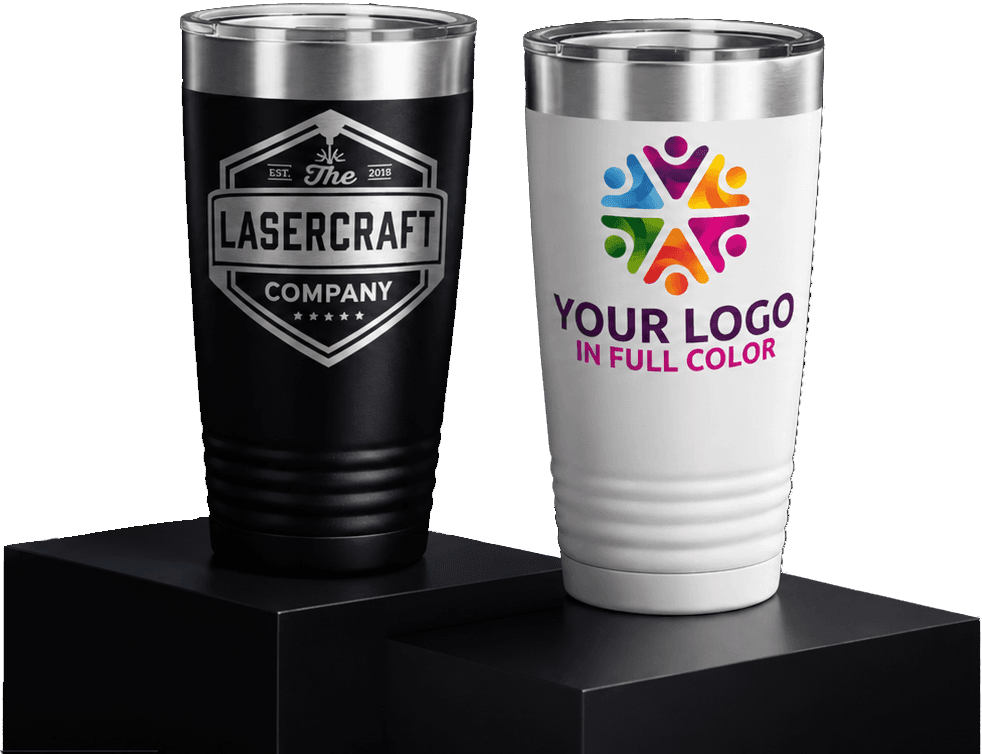 Custom branded tumblers, mugs, poker chips, and gifts with logos engraved and UV printed