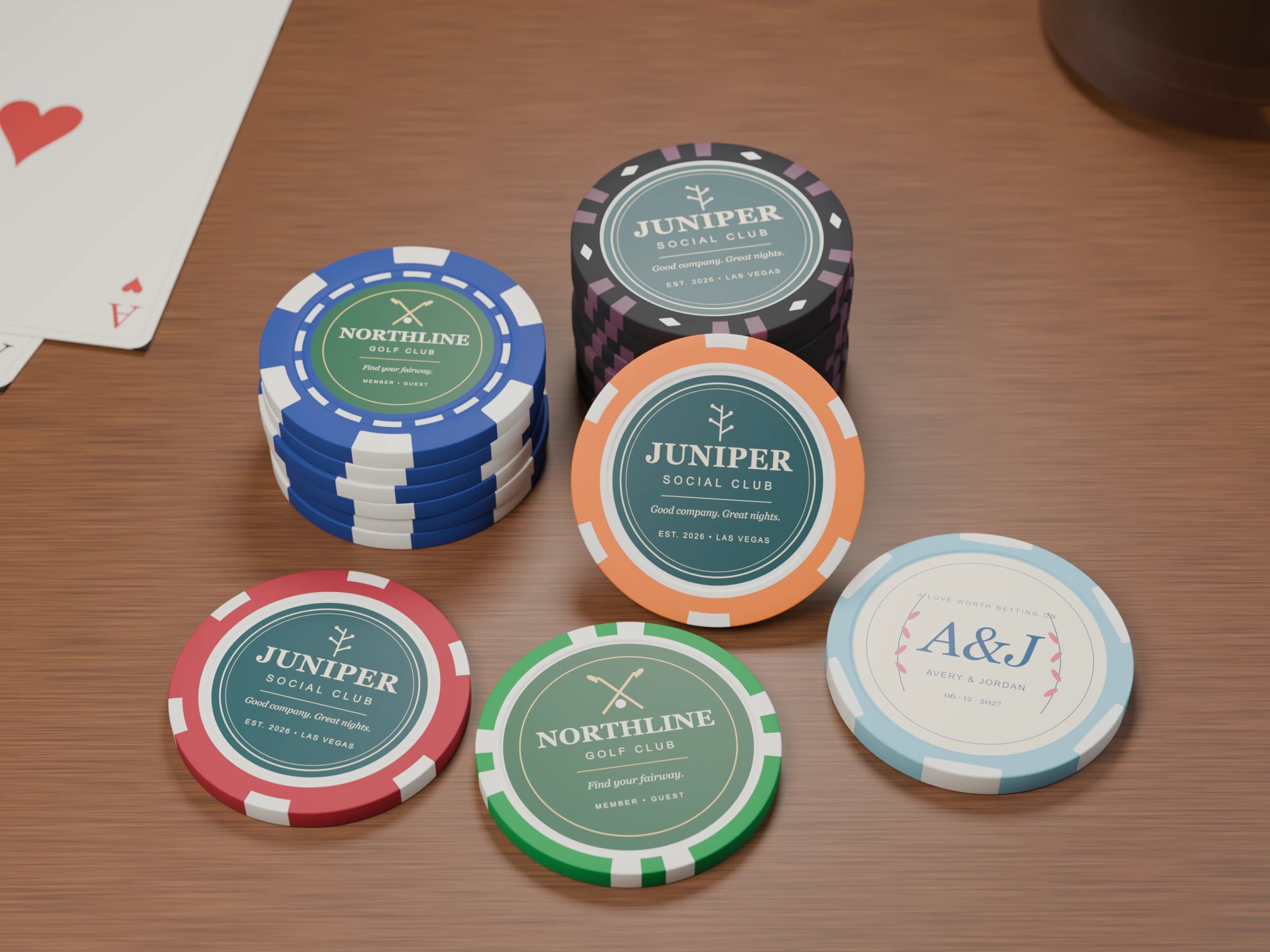 Custom poker chips in six colors and five edge styles, with sample logos on a wooden game-night table