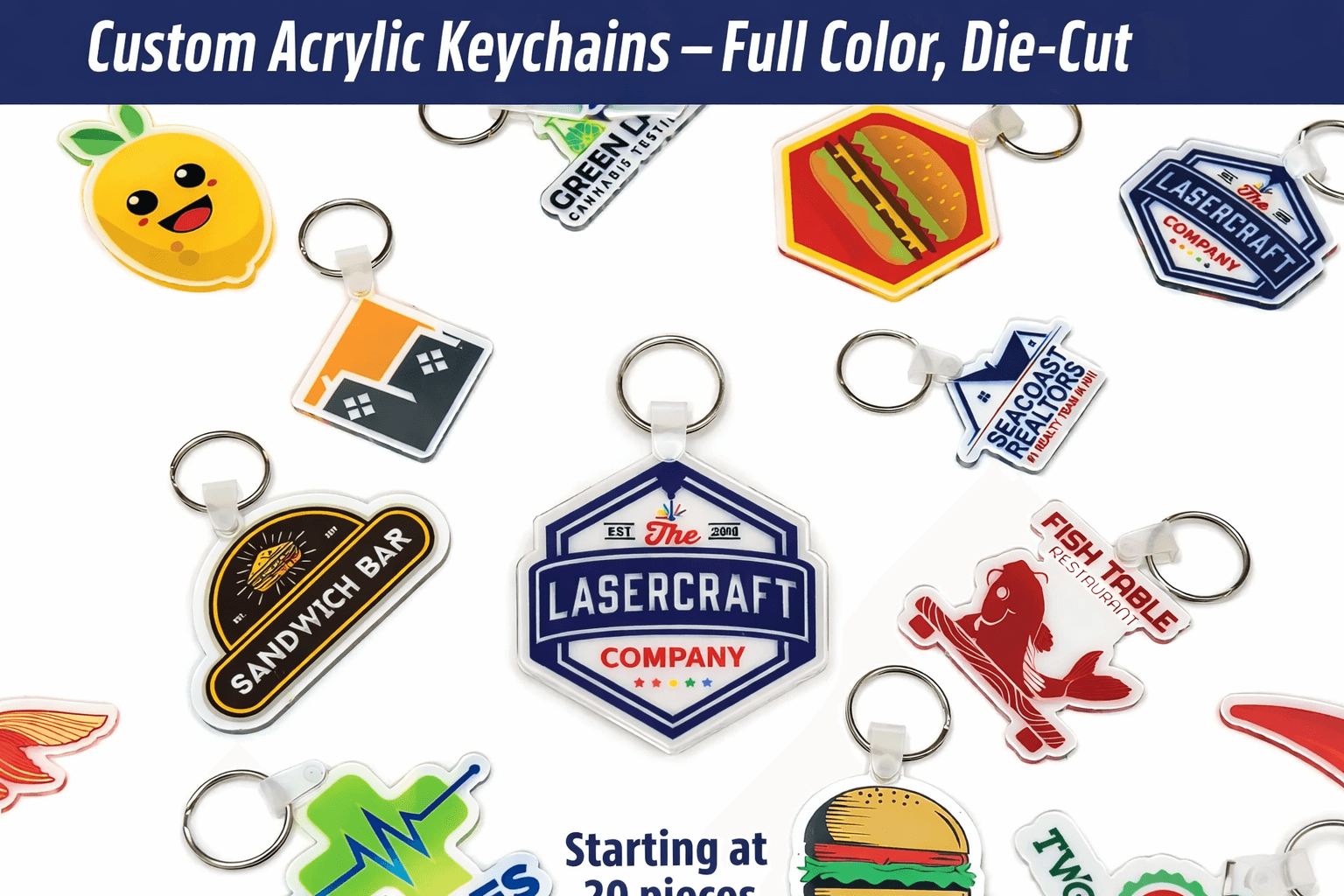 Custom acrylic keychains — full color UV printed, die-cut to logo shape