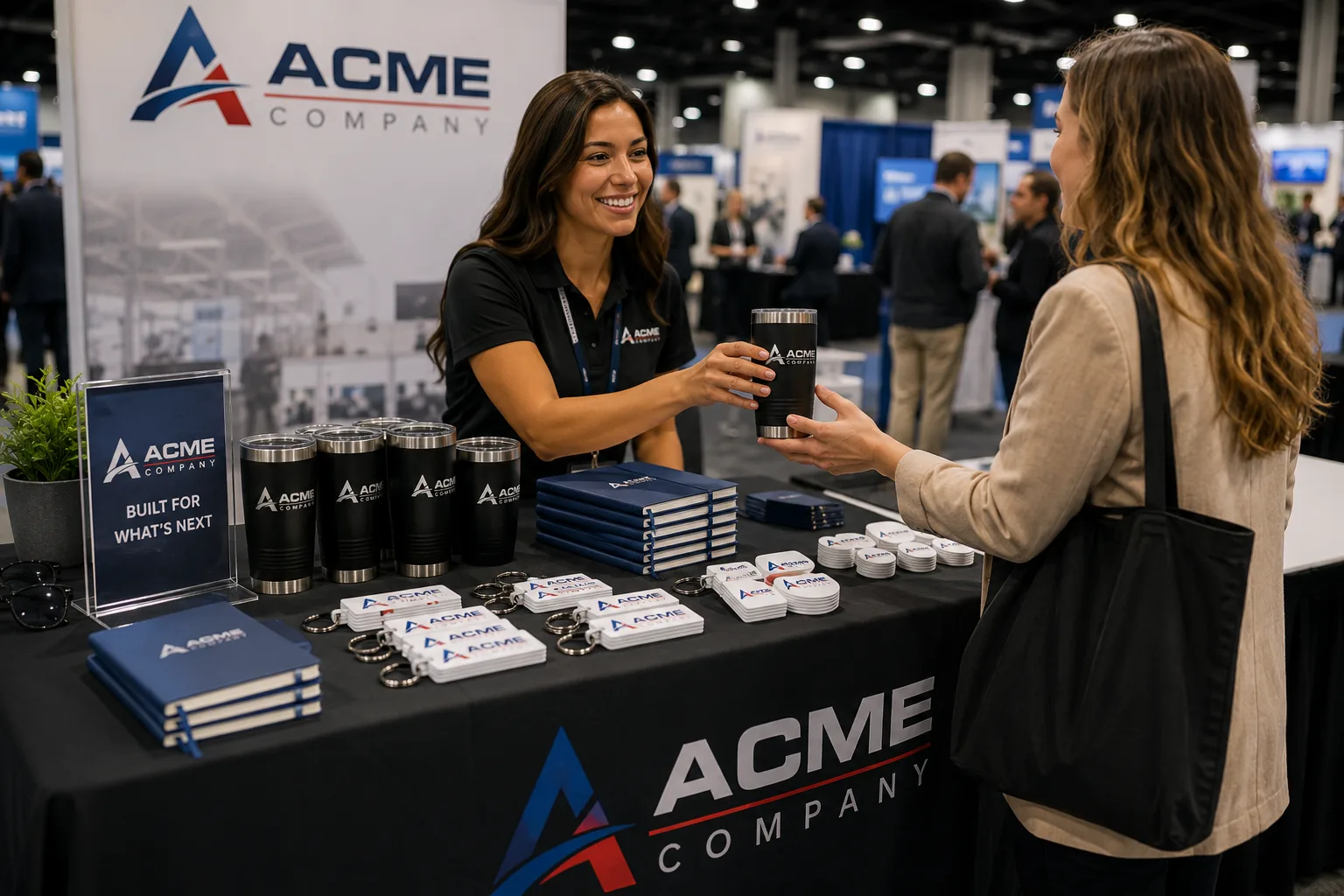 Conference swag and event giveaways including custom tumblers and drink tags
